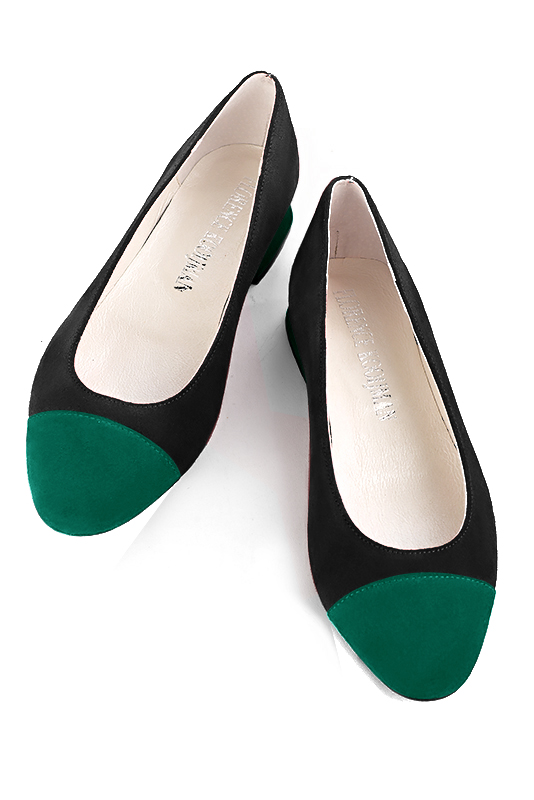Emerald green and matt black women's ballet pumps, with low heels. Round toe. Flat block heels. Top view - Florence KOOIJMAN